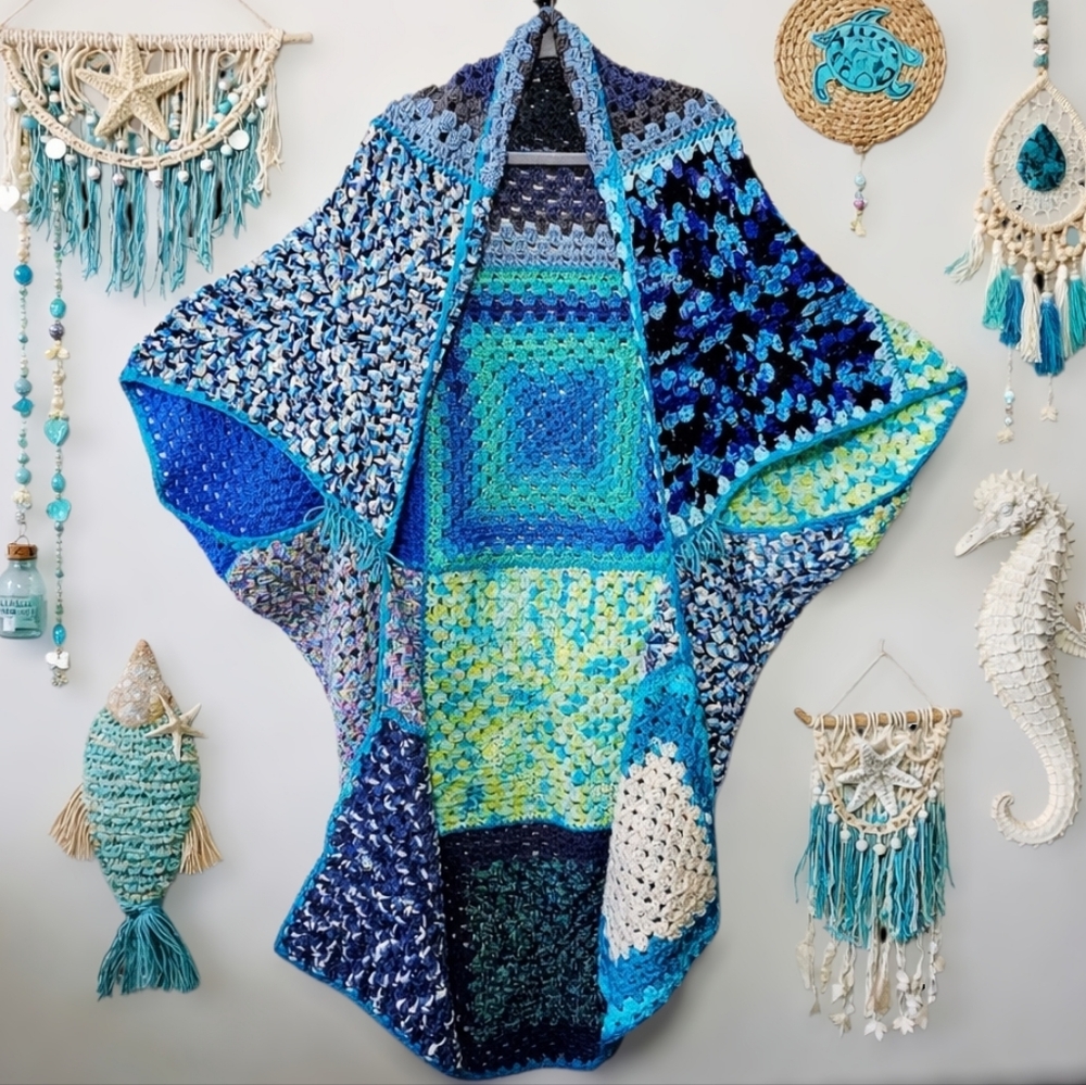 ⭐️ Handmade Blue Patchwork Crochet Cardigan - Women Sweaters Cardigans